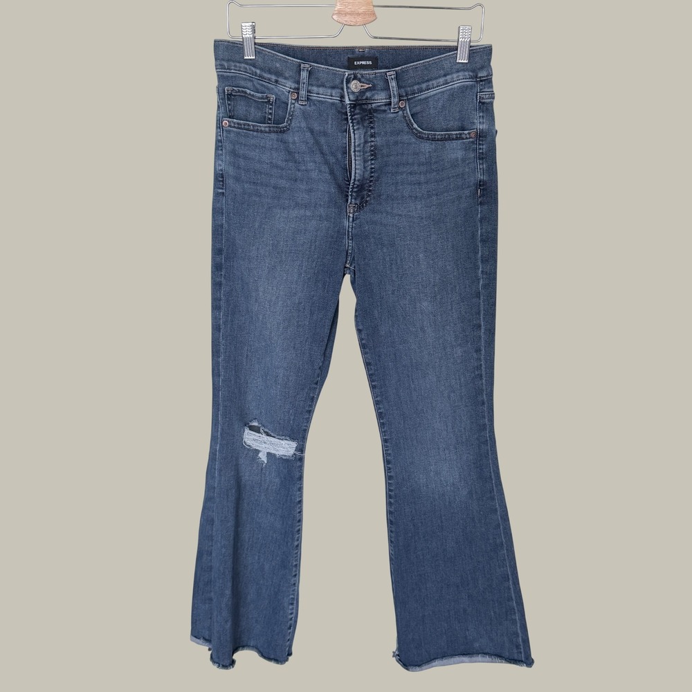 Express High Waisted Flare Jeans Medium Wash Distressed Raw Hem Size 4